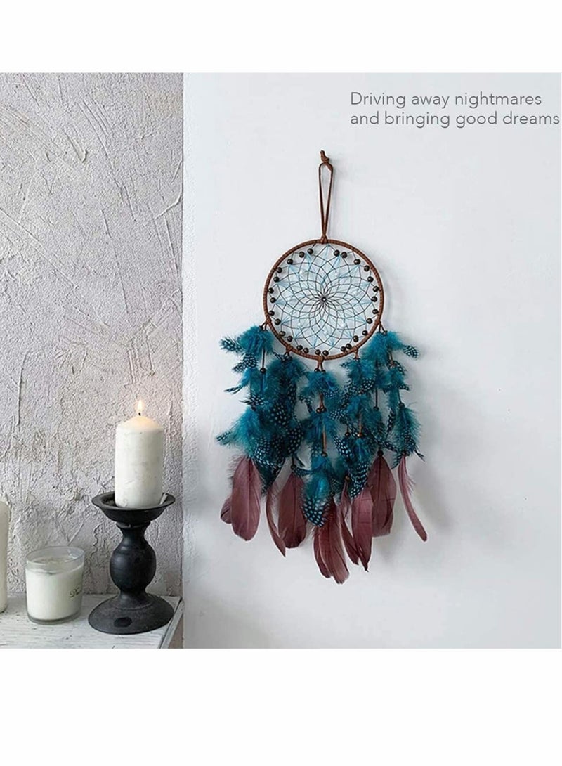 Captaintech Blue Dream Catchers, Boho Handmade Pearl and Wooden Beads Blue Feather Traditional Circular Net for Wall Hanging Decor, Art Ornament Craft Gift, Outdoor Garden Decor, Home Decoration - Image 5