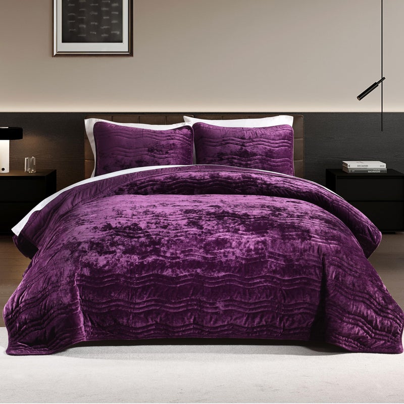 AJOCCI Velvet Quilt Purple King Size Comforter Set Luxury BeddingSoft Plush King Bedspread Machine Washable CoverletAllSeason 3 Pieces - Image 2