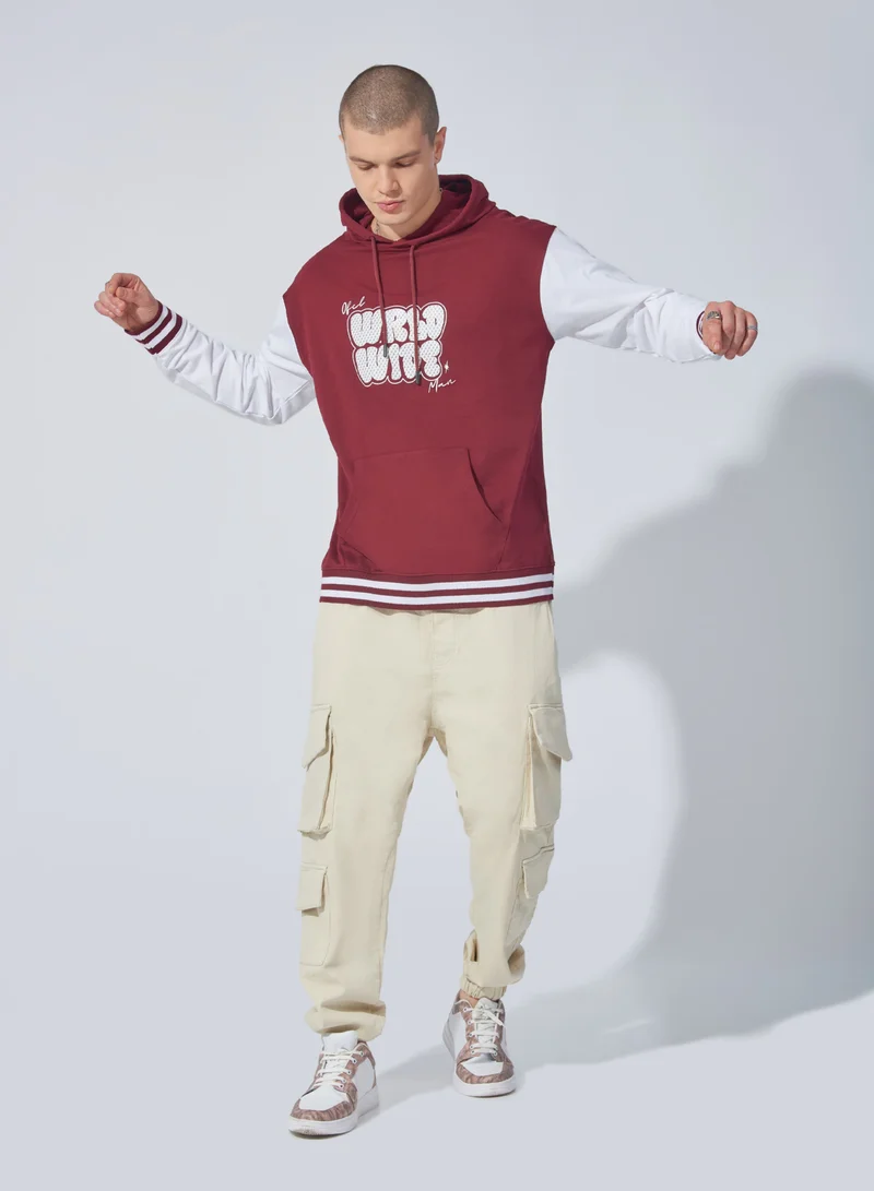 Maniac Maniac Mens Printed Hooded Neck Full Sleeve Burgundy and White Cotton Sweatshirt