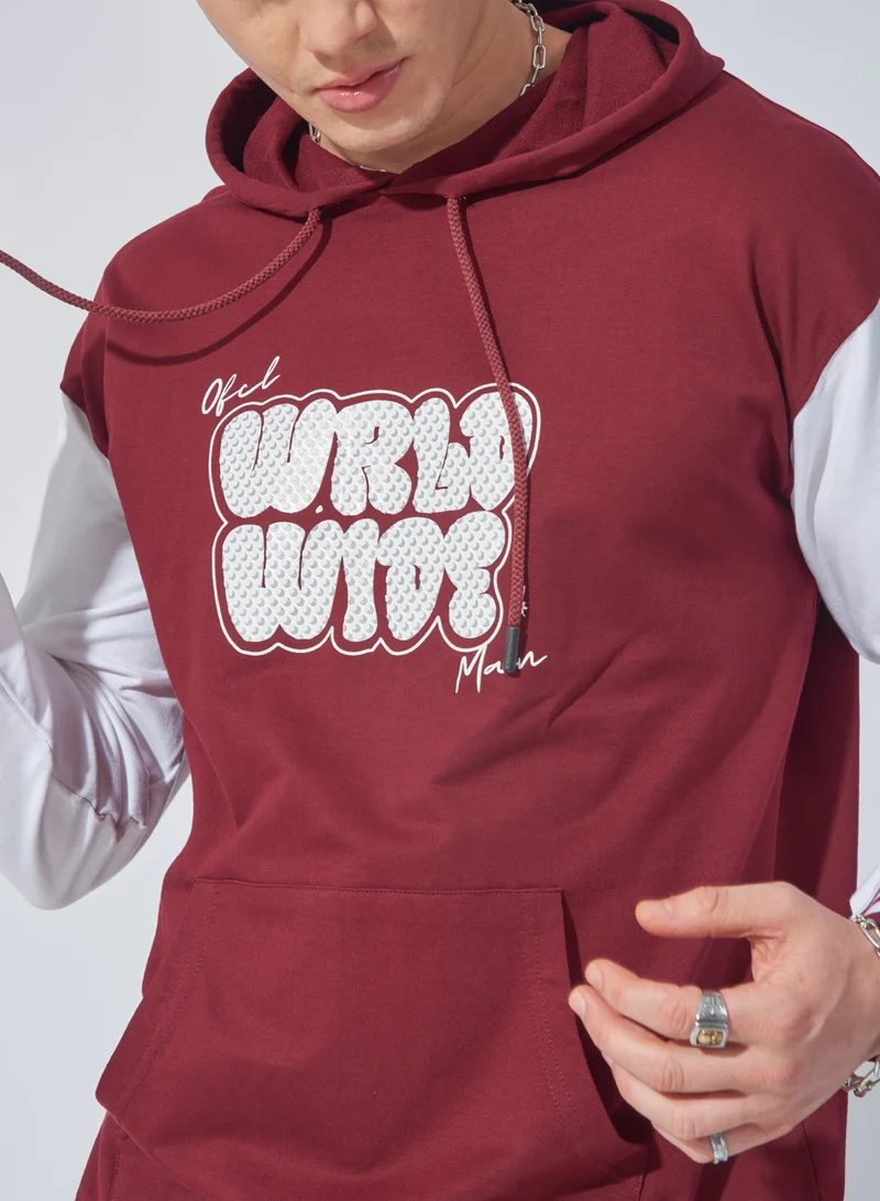 Maniac Maniac Mens Printed Hooded Neck Full Sleeve Burgundy and White Cotton Sweatshirt