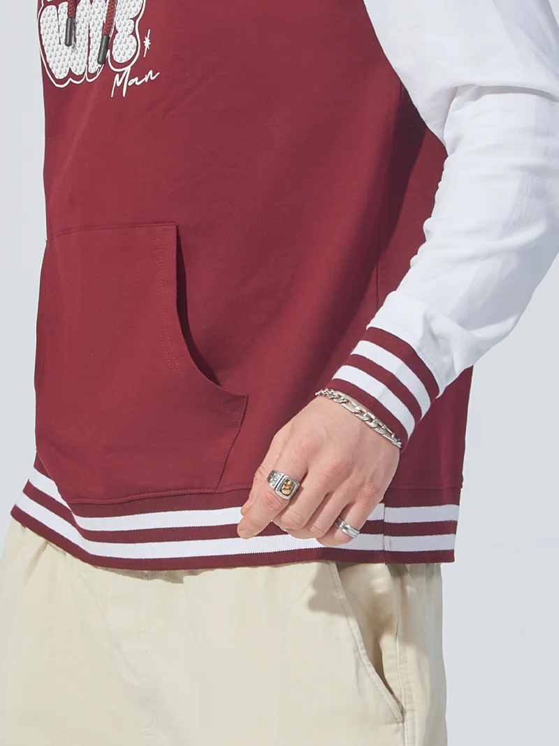 Maniac Maniac Mens Printed Hooded Neck Full Sleeve Burgundy and White Cotton Sweatshirt