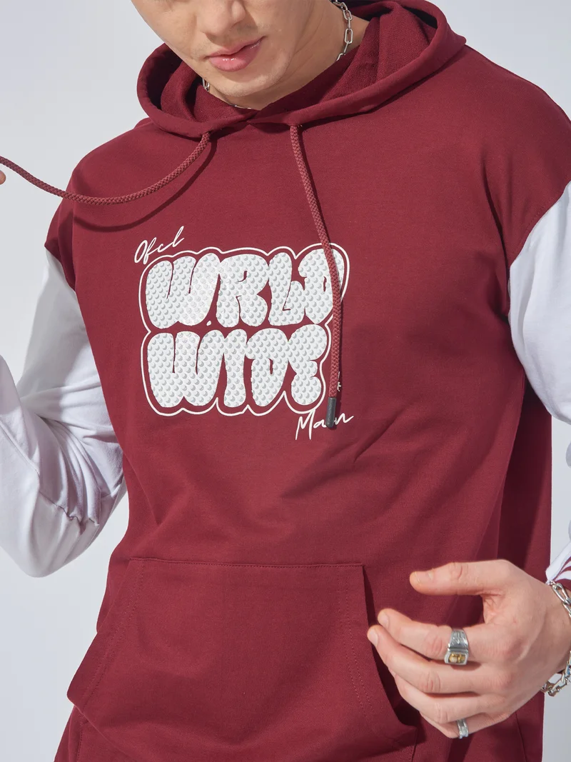 Maniac Maniac Mens Printed Hooded Neck Full Sleeve Burgundy and White Cotton Sweatshirt
