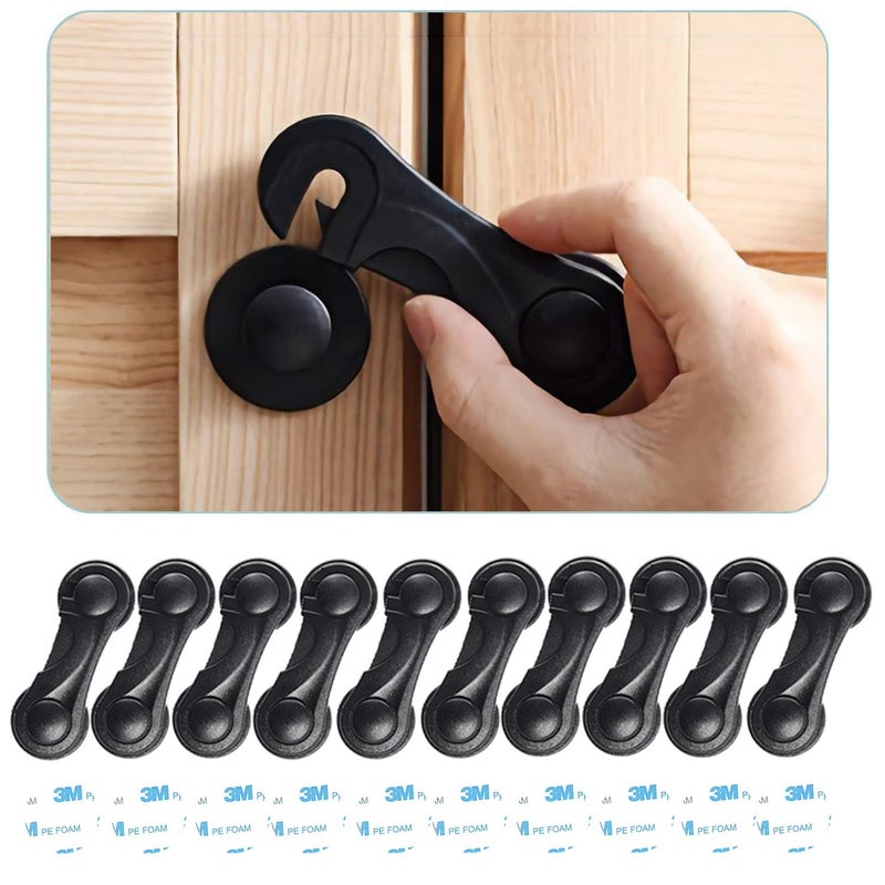 Child Safety Cabinet Locks 10 Pack  Baby Proofing Latches Lock for Drawers Toilet Seat Fridge Oven with 10 Extra 3M Adhesives Black