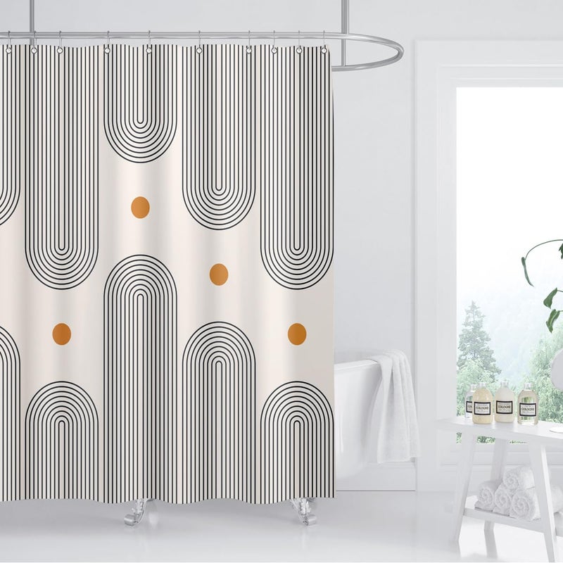 ZXMBF Mid Century Shower Curtain Boho Minimalist Abstract Arch Sun Simple Lines Geometric Modern Beige Bathroom Decor Waterproof Fabric 72Lx60W Inch with 12pcs Plastic Hooks - Image 1