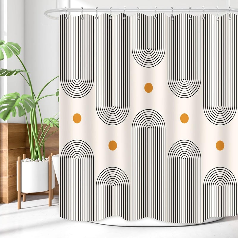 ZXMBF Mid Century Shower Curtain Boho Minimalist Abstract Arch Sun Simple Lines Geometric Modern Beige Bathroom Decor Waterproof Fabric 72Lx60W Inch with 12pcs Plastic Hooks - Image 3