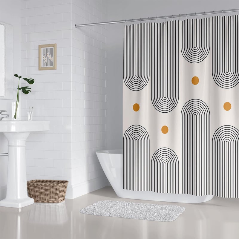 ZXMBF Mid Century Shower Curtain Boho Minimalist Abstract Arch Sun Simple Lines Geometric Modern Beige Bathroom Decor Waterproof Fabric 72Lx60W Inch with 12pcs Plastic Hooks - Image 4