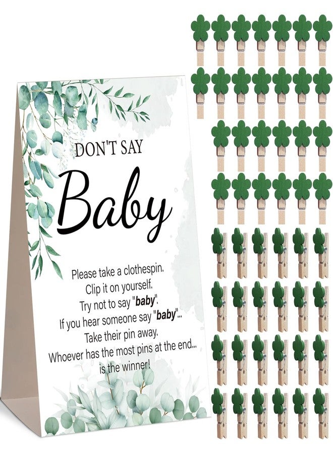 CINSOEN Baby Shower Games, Greenery Don't Say Baby Baby Shower Game,1 Sign and 50 Mini Clothespins, Baby Shower Decoration - Image 1