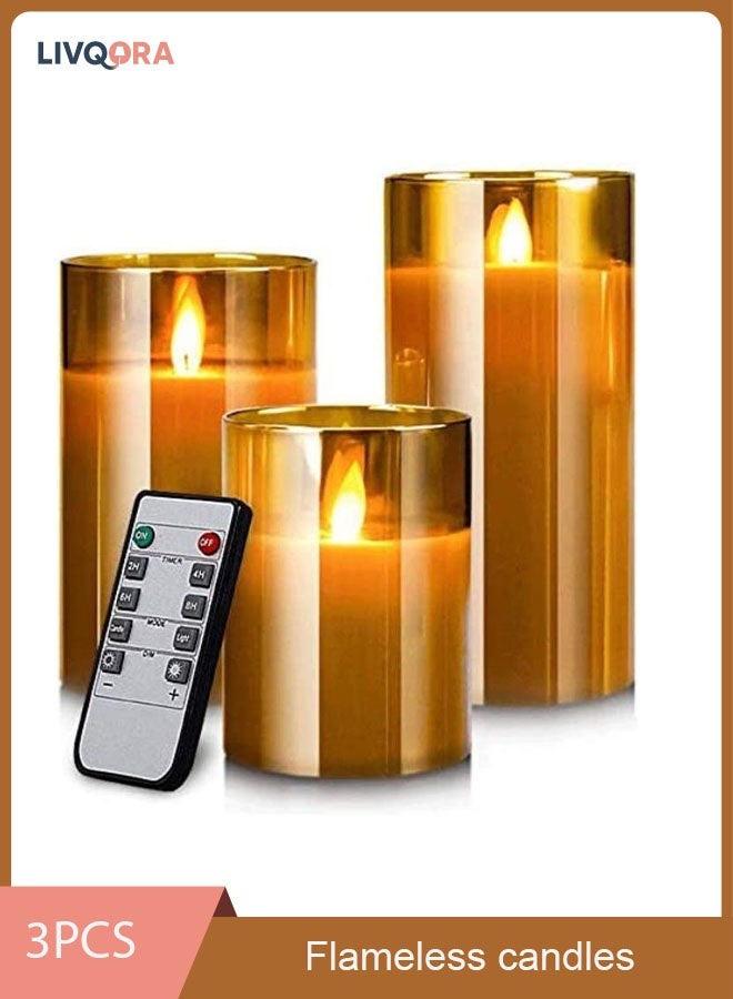 LIVQORA 3-Piece LED Flameless Candle Set - Gold Glass, Remote Control & Timer, Flickering Flame for Home, Wedding & Holiday Decor - Image 1