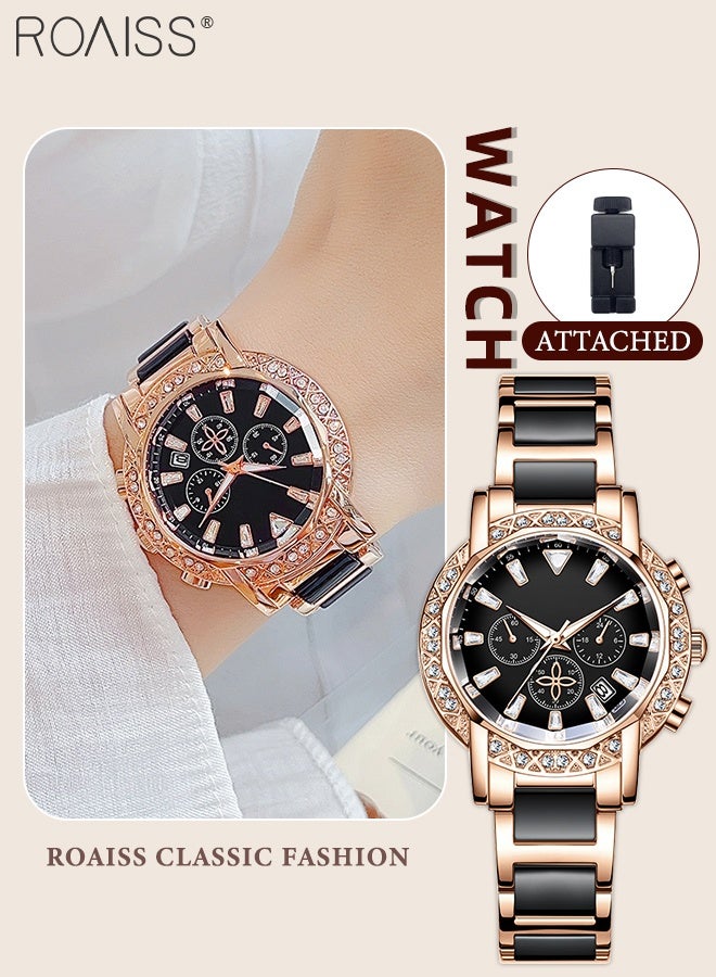 roaiss Women's Diamond-studded Quartz Watch, Analog Display Round Dial with Calendar Window, Fashionable and Luxurious Luminous Waterproof Wristwatch, as Gift for Ladies - Image 1