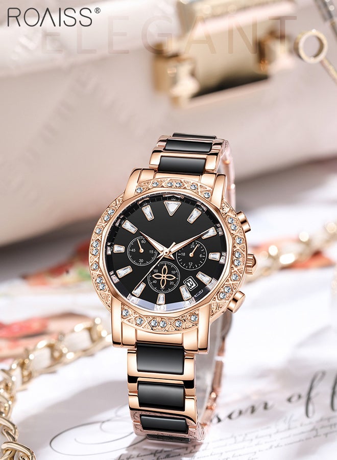 roaiss Women's Diamond-studded Quartz Watch, Analog Display Round Dial with Calendar Window, Fashionable and Luxurious Luminous Waterproof Wristwatch, as Gift for Ladies - Image 2