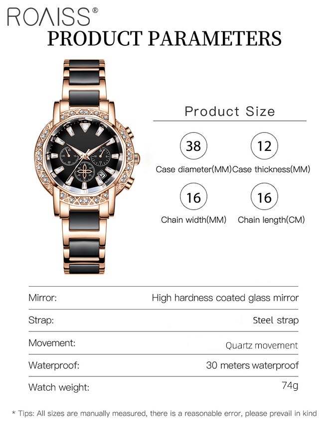 roaiss Women's Diamond-studded Quartz Watch, Analog Display Round Dial with Calendar Window, Fashionable and Luxurious Luminous Waterproof Wristwatch, as Gift for Ladies - Image 4