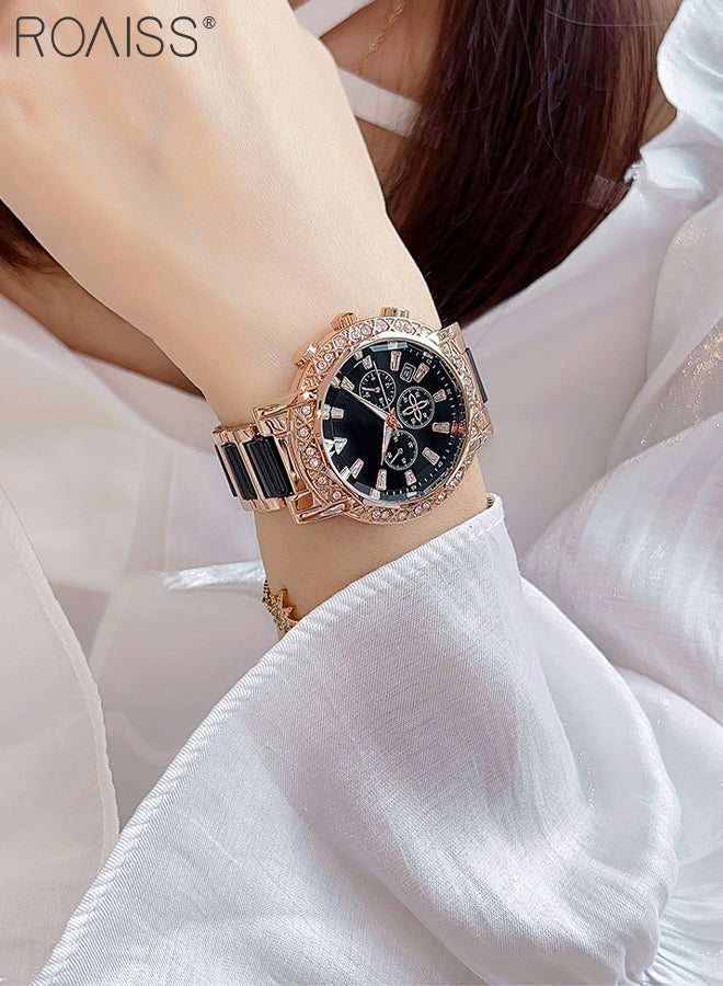 roaiss Women's Diamond-studded Quartz Watch, Analog Display Round Dial with Calendar Window, Fashionable and Luxurious Luminous Waterproof Wristwatch, as Gift for Ladies - Image 3