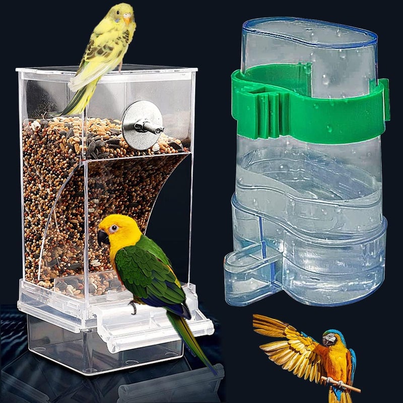 Kenond No Mess Bird Feeder Water Dispenser Set, Automatic Parrot Feeder Cage Accessories, Acrylic Parakeet Seed Food Feeder Drinker for Cage, Cockatiel Squirrel Finch Lovebirds Budgies Canary - Image 1