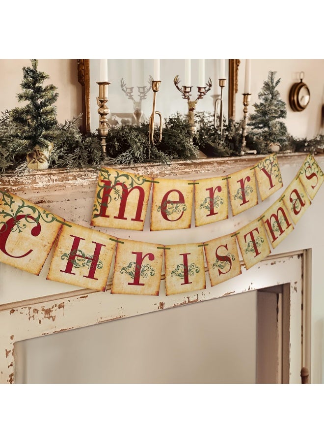 Vintage Merry Christmas Banner, Indoor Xmas Decoration for Home, Office, Party & Farmhouse Fireplace Mantle - Image 1