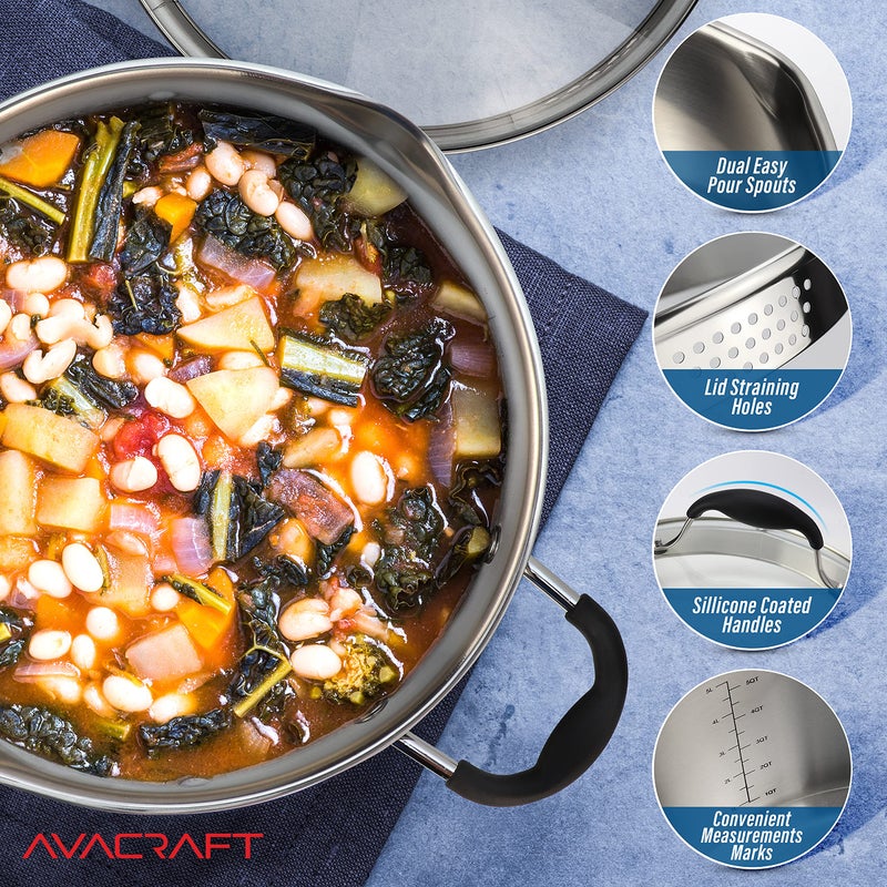 AVACRAFT Stainless Steel Stockpot with Glass Strainer Lid, 6 Quart Stock Pot, Soup & Saucepan Cookware, Side Spouts, Multipurpose, Induction Pan, (5-Ply Capsule Bottom, 6QT) - Image 5