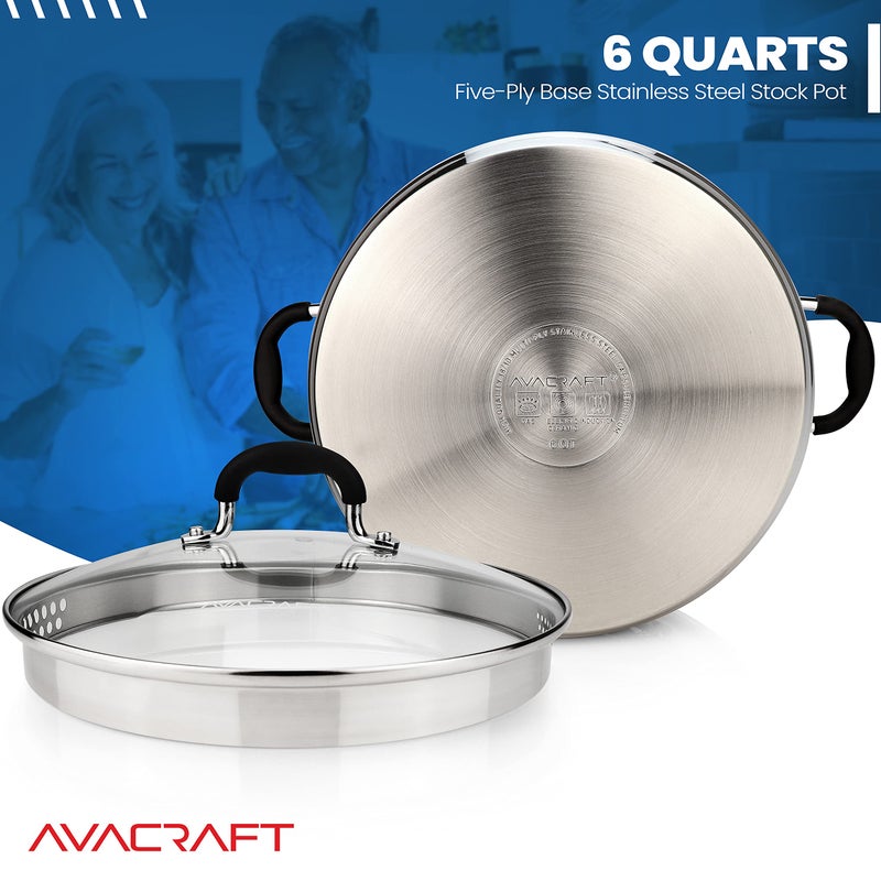 AVACRAFT Stainless Steel Stockpot with Glass Strainer Lid, 6 Quart Stock Pot, Soup & Saucepan Cookware, Side Spouts, Multipurpose, Induction Pan, (5-Ply Capsule Bottom, 6QT) - Image 4