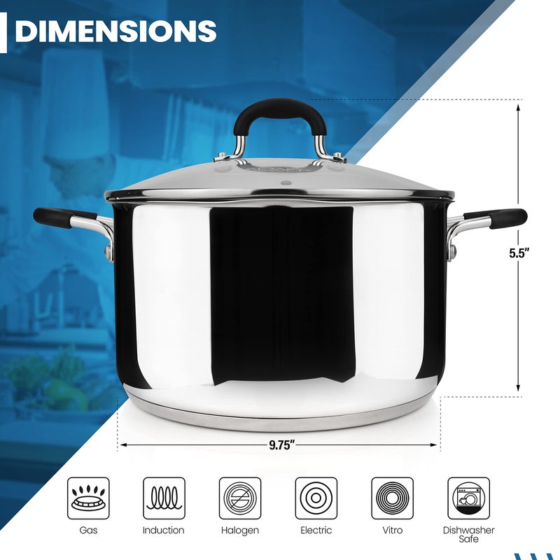 AVACRAFT Stainless Steel Stockpot with Glass Strainer Lid, 6 Quart Stock Pot, Soup & Saucepan Cookware, Side Spouts, Multipurpose, Induction Pan, (5-Ply Capsule Bottom, 6QT) - Image 3