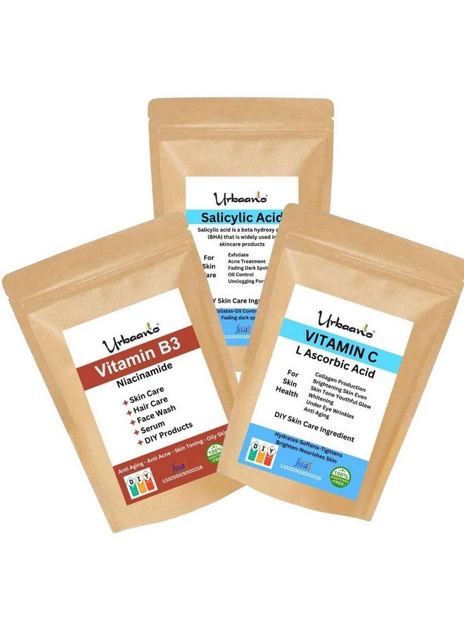 Urbaano herbal ® Niacinamide (Vitamin B3), Vitamin C (L-Ascorbic Acid) & Salicylic Acid Powder For Making Diy Skin Care Serum, Cream, Lotion & Facewash, Bright, Anti Aging & Youthful Glow - Image 1