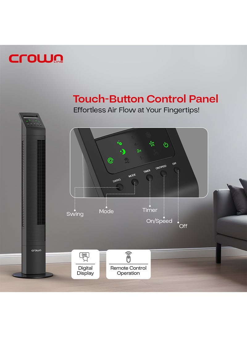 Crownline 44-Inch Portable Tower Fan, 3 Speed Settings, 3 Wind Modes, 80° Oscillation, LED Display, Remote Control, 8-Hour Timer, Silent Operation (≤58dB), Energy-Efficient Cooling, 65W TF-409 Black - Image 4
