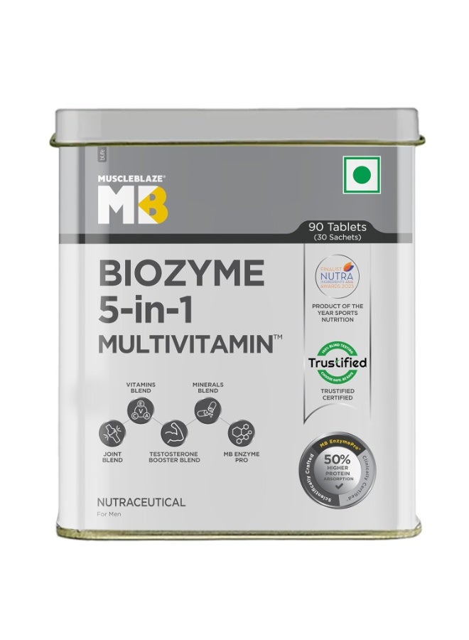 MUSCLEBLAZE Biozyme Daily Multivitamin (90 Tablets) | 5-in-1 Supplement with Vitamins, Minerals, Joint, T-Booster Blend - Image 1