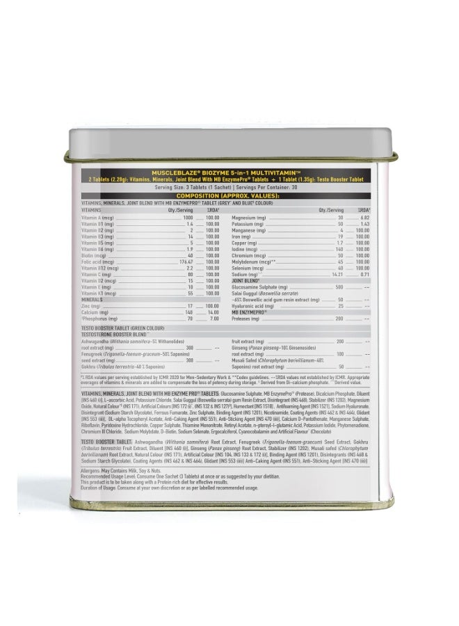 MUSCLEBLAZE Biozyme Daily Multivitamin (90 Tablets) | 5-in-1 Supplement with Vitamins, Minerals, Joint, T-Booster Blend - Image 3