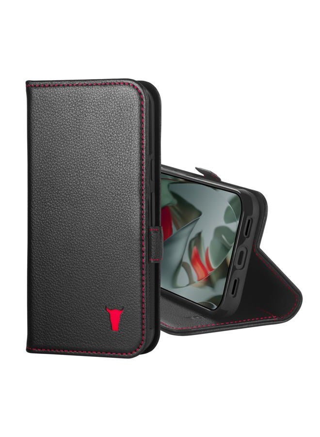 TORRO Leather Case Compatible with Google Pixel 10 Pro XL 6.8” 2025 – Premium Leather Wallet Case with Kickstand and Card Slots (Black with Red Detail) - Image 1
