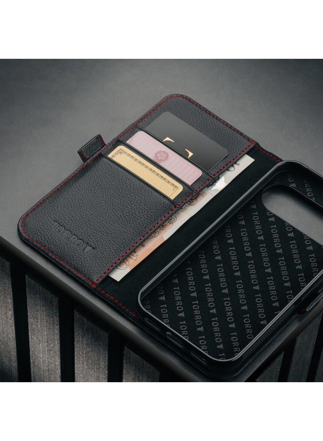 TORRO Leather Case Compatible with Google Pixel 10 Pro XL 6.8” 2025 – Premium Leather Wallet Case with Kickstand and Card Slots (Black with Red Detail) - Image 5
