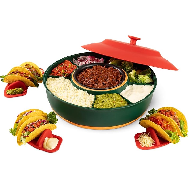 Kusini Taco Tuesday Kit - Taco Bar Serving Set for a Party - 30oz Heated Pot, 4 Taco Holders, & Detachable Lazy Susan Tray - Taco Night Fiesta – Unique Couple & Housewarming Gift Set Ideas - Image 1