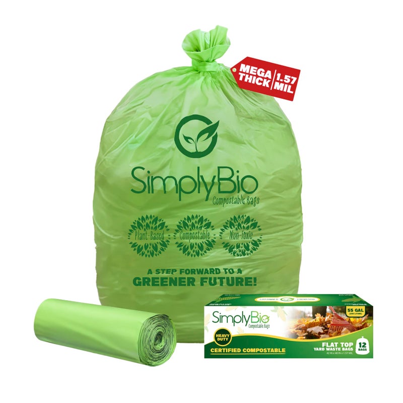 Simply Bio أكياس قمامة قابلة للتحلل Simply Bio سعة 5055 جالون بطانة مسطحة ثقيلة الوزن بسماكة إضافية 157 مل 2082 لتر 12 كيس للاستخدام في الحدائق والمطاعم معتمدة من ASTM D6400 و BPI الأمريكية - Image 3