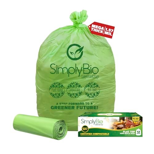 Simply Bio أكياس قمامة قابلة للتحلل Simply Bio سعة 5055 جالون بطانة مسطحة ثقيلة الوزن بسماكة إضافية 157 مل 2082 لتر 12 كيس للاستخدام في الحدائق والمطاعم معتمدة من ASTM D6400 و BPI الأمريكية - Image 2