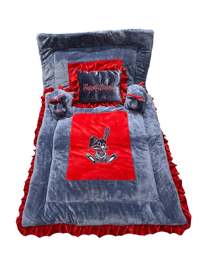 PINKS & BLUES Full Sleeping 5 Piece Baby Bedding Set with 2 Rabbit Shape Side Pillows (0-42 Months) (RED Grey) - Image 1