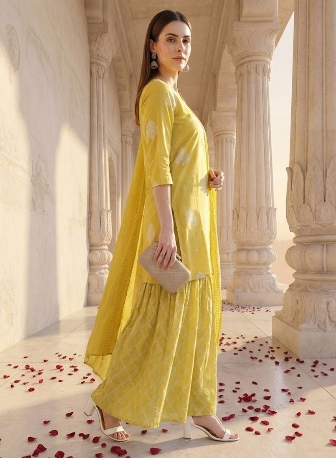 Yuris Women Mustard Yellow  Off-White Pure Cotton Printed Kurta with Sharara  Dupatta - Image 3