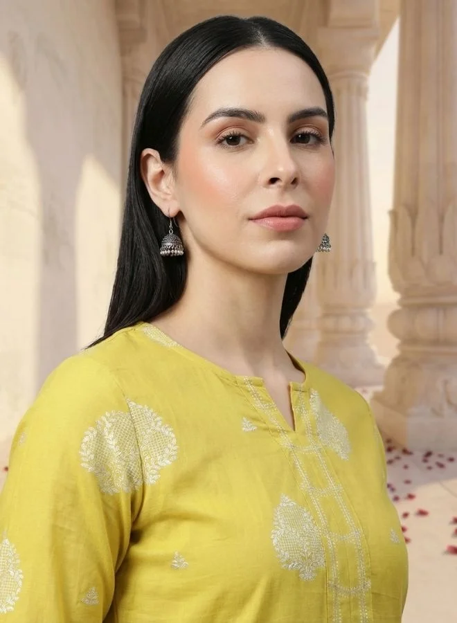 Yuris Yuris Women Mustard Yellow  Off-White Pure Cotton Printed Kurta with Sharara  Dupatta