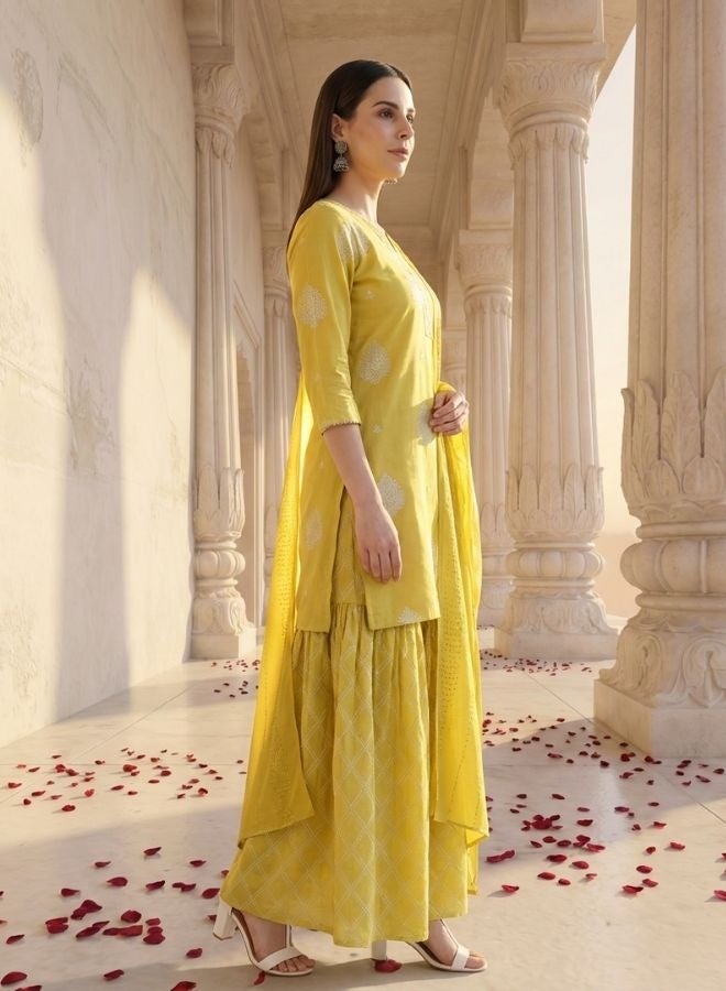 Yuris Women Mustard Yellow  Off-White Pure Cotton Printed Kurta with Sharara  Dupatta - Image 4
