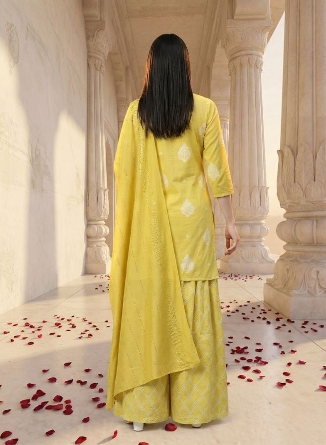 Yuris Women Mustard Yellow  Off-White Pure Cotton Printed Kurta with Sharara  Dupatta - Image 5
