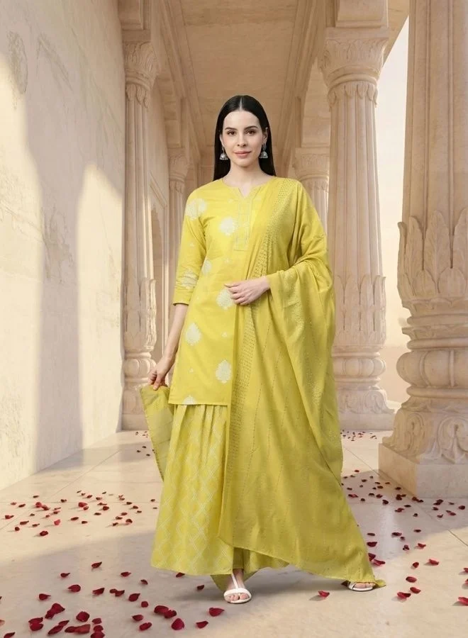 Yuris Yuris Women Mustard Yellow  Off-White Pure Cotton Printed Kurta with Sharara  Dupatta
