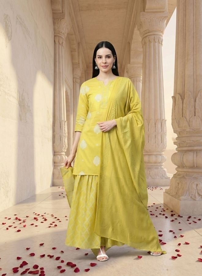 Yuris Women Mustard Yellow  Off-White Pure Cotton Printed Kurta with Sharara  Dupatta - Image 1