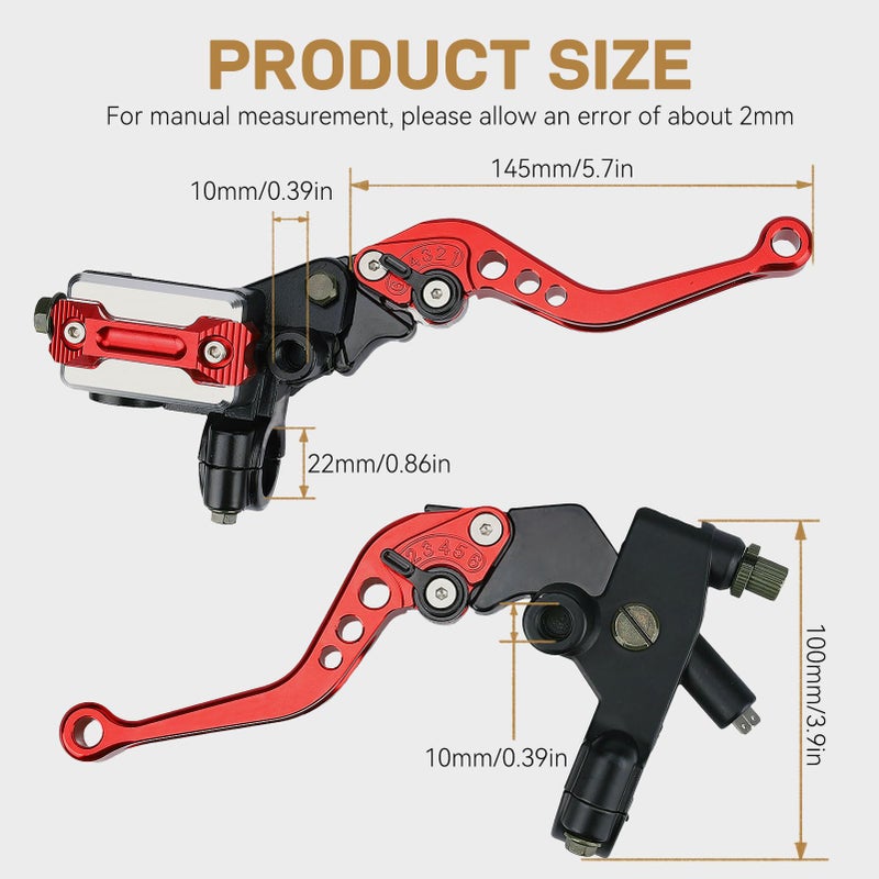 SOLLON Universal Motorcycle 78 22mm Handlebar Brake Master Cylinder Reservoir Adjustable Clutch and Brake Lever CNC Left Right Set for Harley Honda Kawasaki Suzuki Yamaha Red - Image 4
