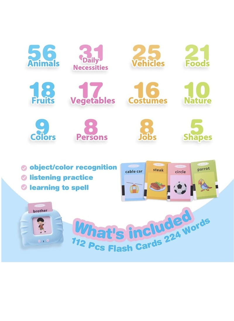 ELTRAZONE Kid Educational Montessori Preschool Animals Audible Flash Cards for kids 1 to 6 Years .Learning Toys Phonics Talking Flash Cards Device with 112 pcs Double-Sided Cards 224 Words Blue Color  - Image 2