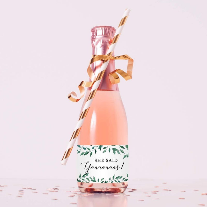 Andaz Press Mini Champagne Wine Bottle Labels, She Said Yaaaaaaas!, Greenery Green Leaves, 20-Pack, Mini Champagne Favor Gift Labels Stickers Bridal Shower Bachelorette - Image 3