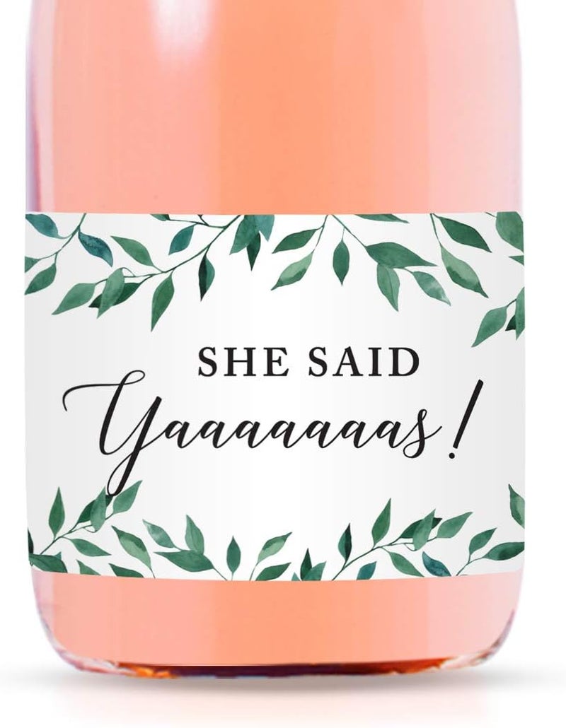 Andaz Press Mini Champagne Wine Bottle Labels, She Said Yaaaaaaas!, Greenery Green Leaves, 20-Pack, Mini Champagne Favor Gift Labels Stickers Bridal Shower Bachelorette - Image 1