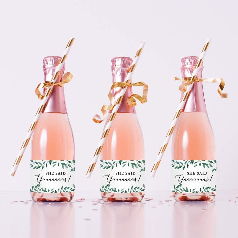 Andaz Press Mini Champagne Wine Bottle Labels, She Said Yaaaaaaas!, Greenery Green Leaves, 20-Pack, Mini Champagne Favor Gift Labels Stickers Bridal Shower Bachelorette - Image 2