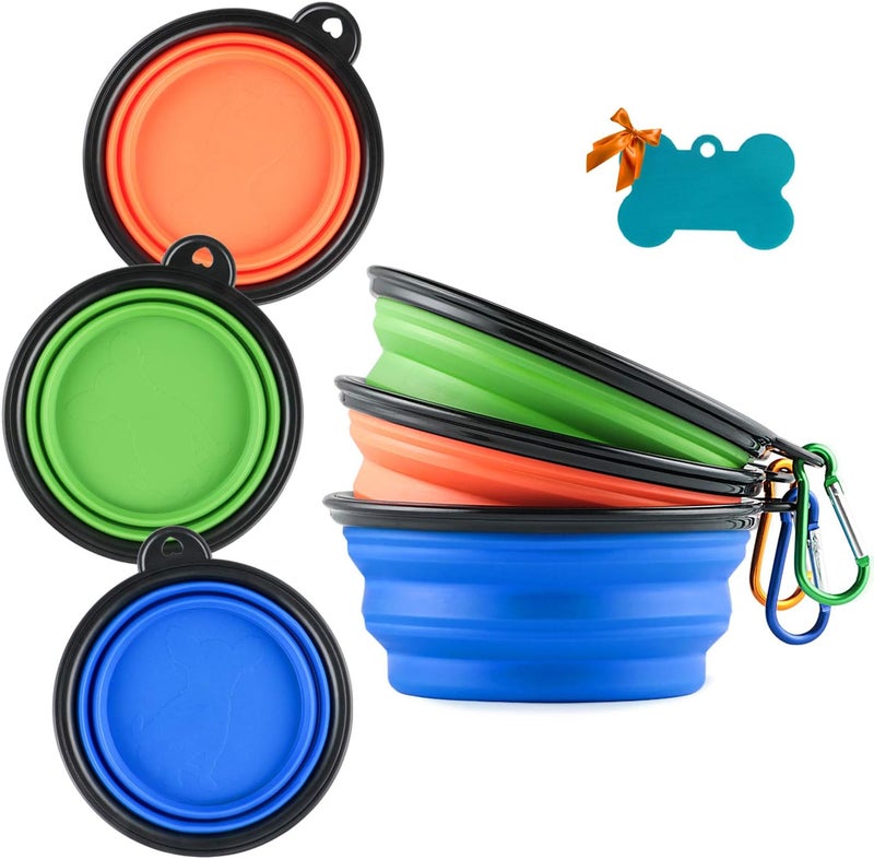 MXZONE 3 Collapsible Silicone Dog Bowl, Foldable Expandable Cup Dish for Small Pet Cat Food Water Feeding Portable Travel Bowl, Pet ID-Tag - Image 1