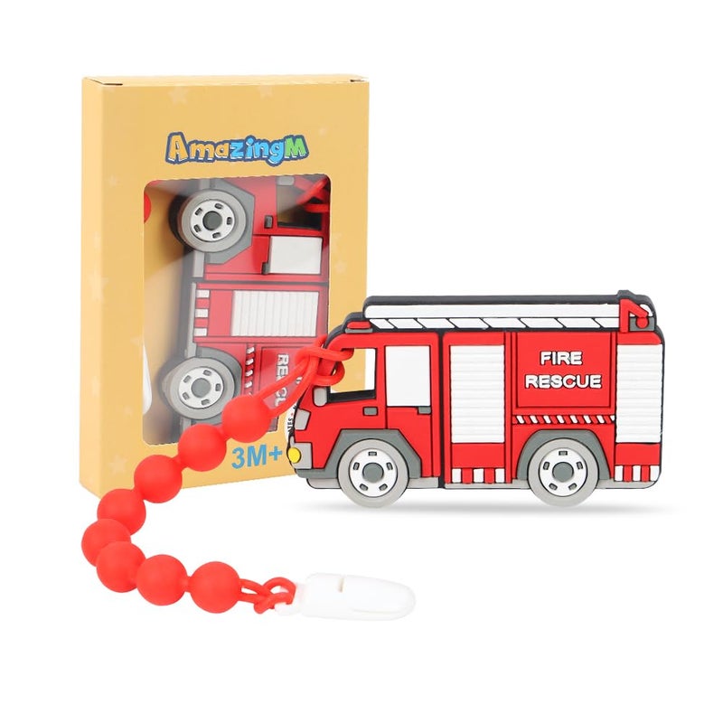 AmazingM Baby Food Grade Silicone Carrier Vehicle Teether Toy with One Piece Design Pacifier Clip HolderTeething Pain Relief Toys Gift Set for 3 Months Boys and GirlsFreezer SafeBPA Free Fire Truck - Image 1