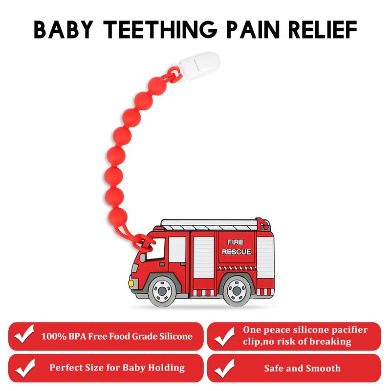 AmazingM Baby Food Grade Silicone Carrier Vehicle Teether Toy with One Piece Design Pacifier Clip HolderTeething Pain Relief Toys Gift Set for 3 Months Boys and GirlsFreezer SafeBPA Free Fire Truck - Image 3
