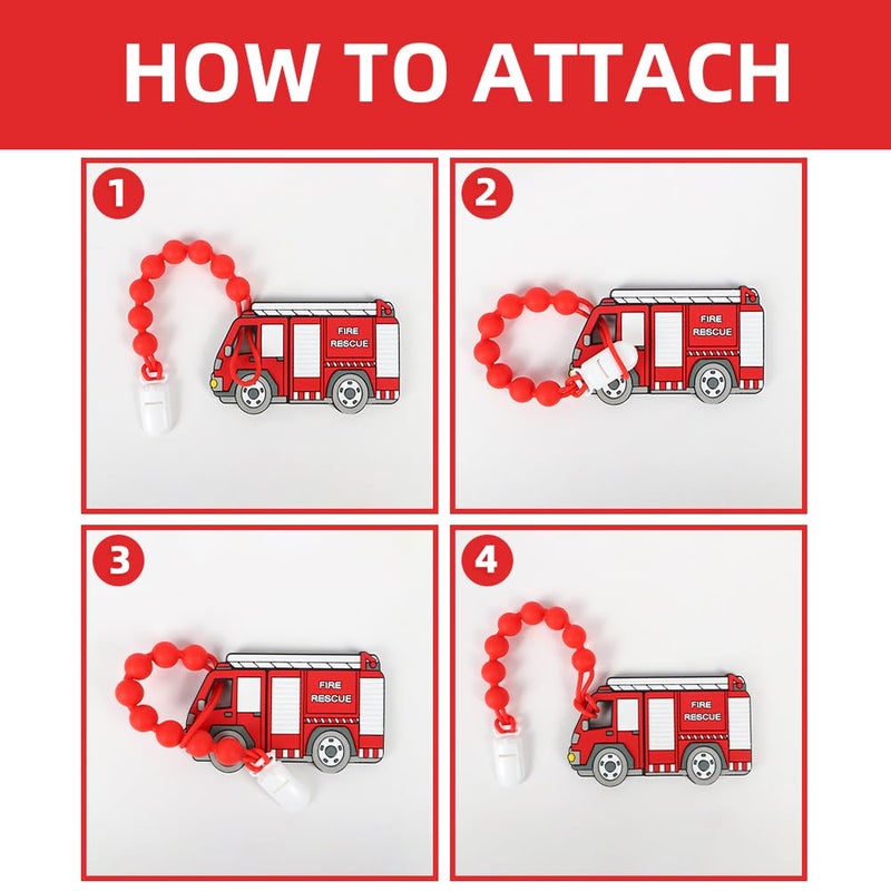AmazingM Baby Food Grade Silicone Carrier Vehicle Teether Toy with One Piece Design Pacifier Clip HolderTeething Pain Relief Toys Gift Set for 3 Months Boys and GirlsFreezer SafeBPA Free Fire Truck - Image 5
