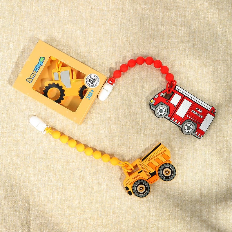 AmazingM Baby Food Grade Silicone Carrier Vehicle Teether Toy with One Piece Design Pacifier Clip HolderTeething Pain Relief Toys Gift Set for 3 Months Boys and GirlsFreezer SafeBPA Free Fire Truck - Image 2