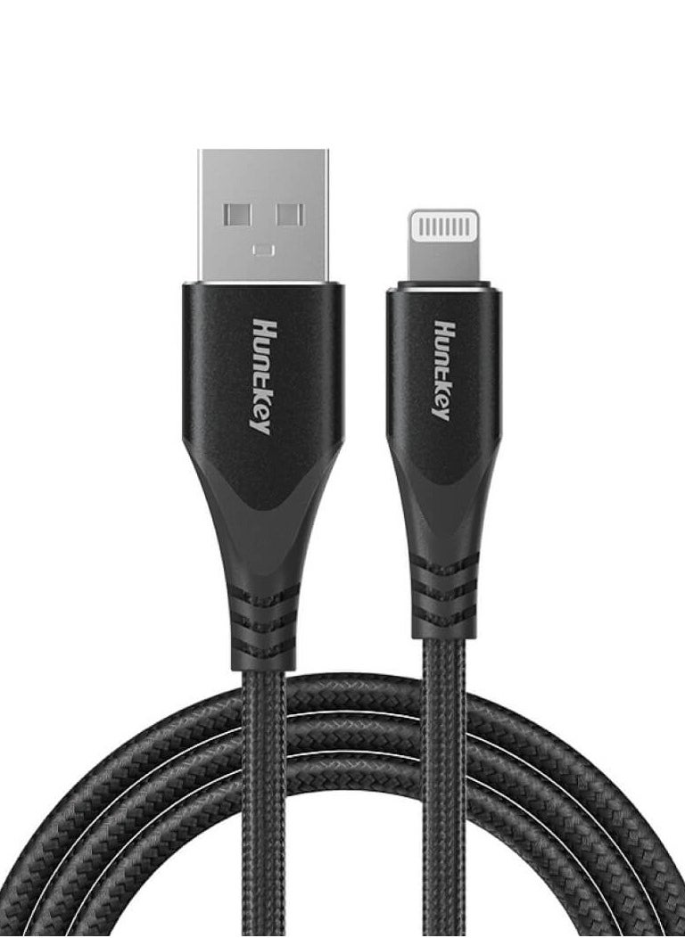 HuntKey - Huntkey A02 - USB A to Lightning, MFI approved, Cotton braided Aluminum Shell Fast Charging Cable, 2.4A, 1.5M iPhone 14 13 12 11 Pro, iPad, iPod - Black - Image 1