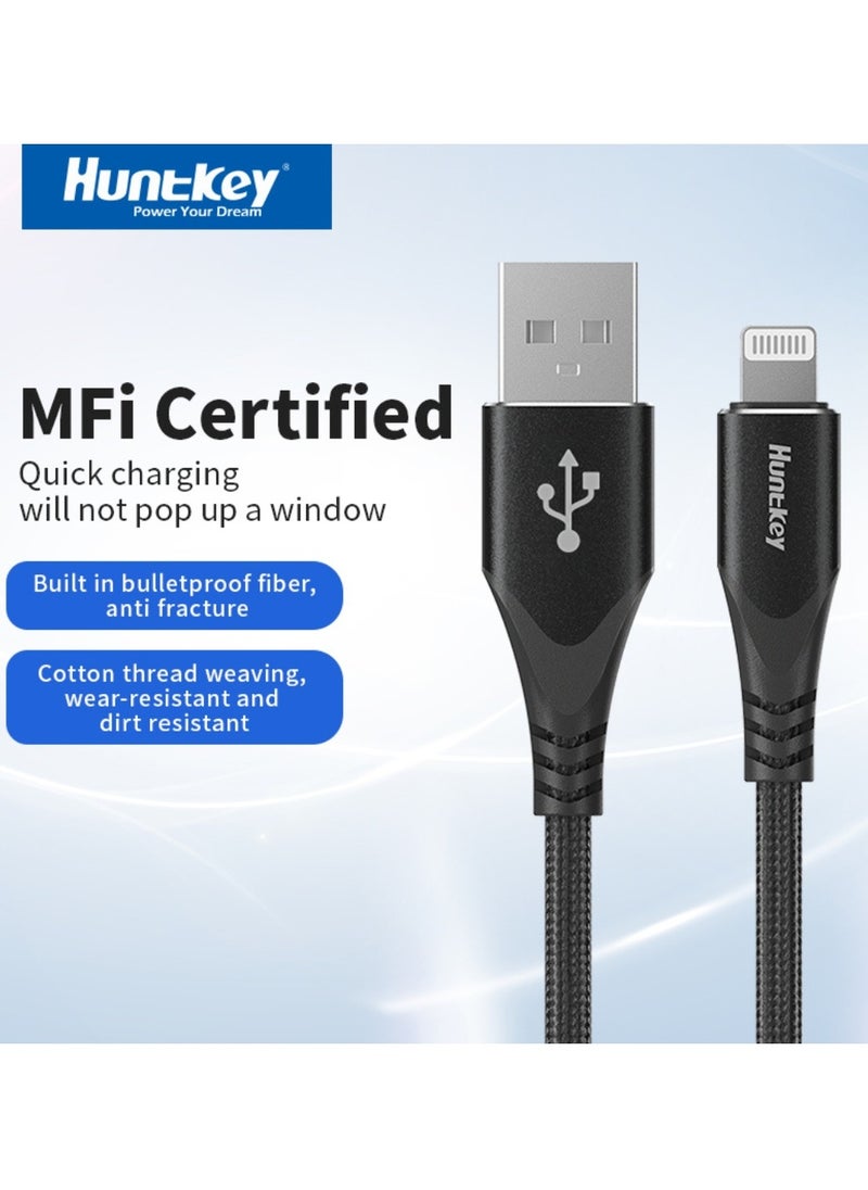 HuntKey - Huntkey A02 - USB A to Lightning, MFI approved, Cotton braided Aluminum Shell Fast Charging Cable, 2.4A, 1.5M iPhone 14 13 12 11 Pro, iPad, iPod - Black - Image 1