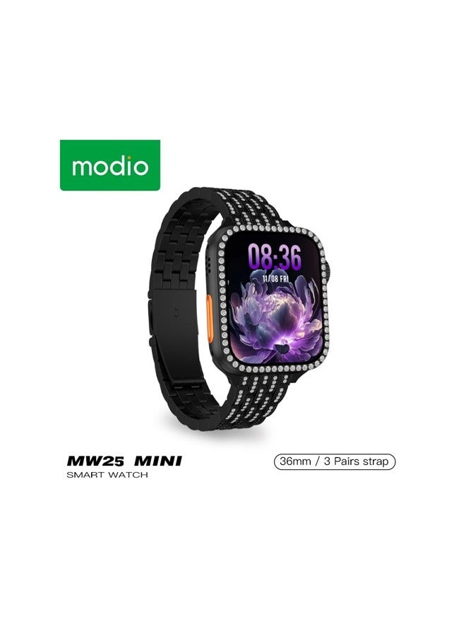 Modio MW25 Mini 36mm Display Smart Watch With 3 Pair Straps and Charging Cable Designed For Ladies Black - Image 1